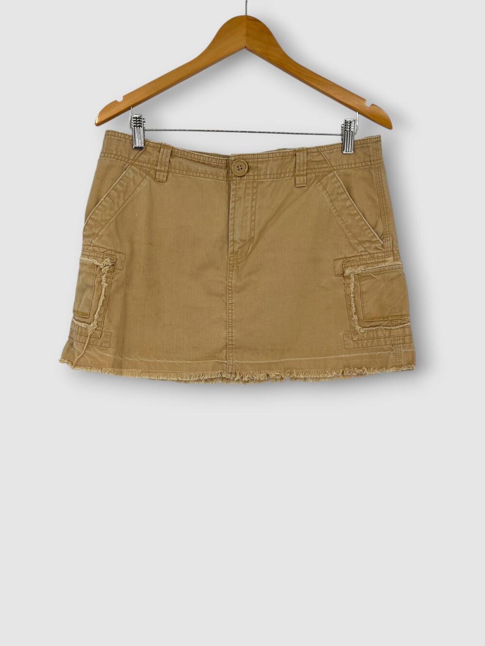 Y2K Old Navy Ultra Low Rise Cargo Mini Skirt Khaki Tan Raw Hem Cotton Size 10